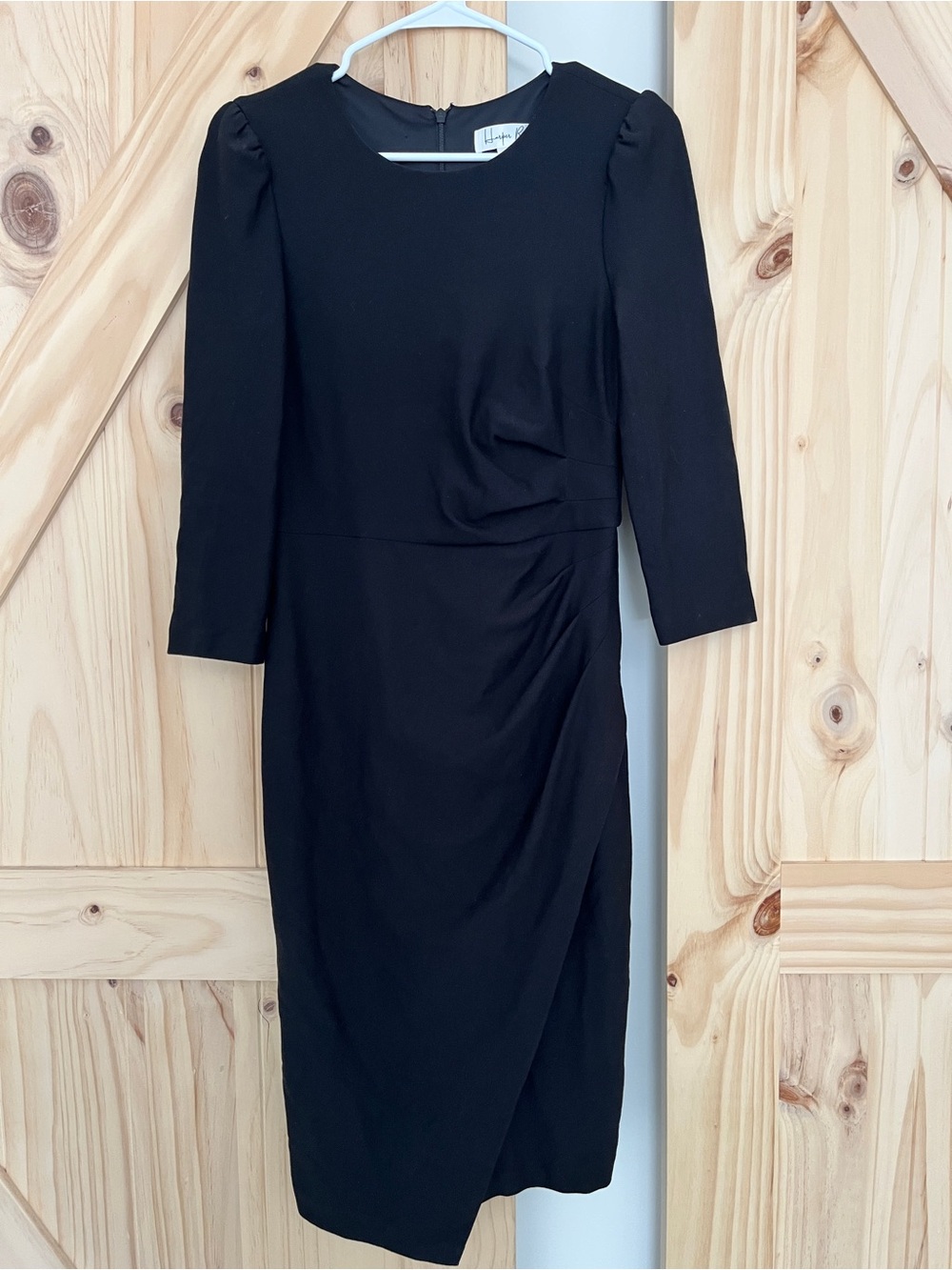 HARPER ROSE BLACK RUCHED PONTE FAUX WRAP SHEATH MIDI DRESS SIZE 6